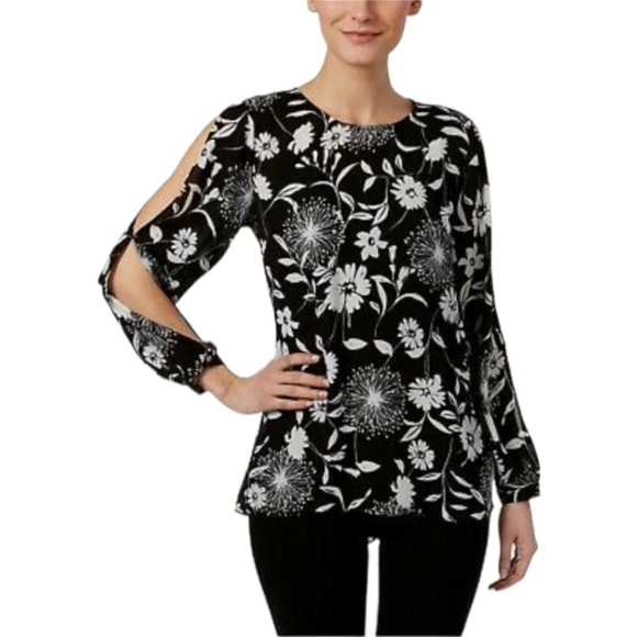 Vince Camuto Black and White Floral Print Cold-Shoulder Top Blouse Size XL - Picture 1 of 15